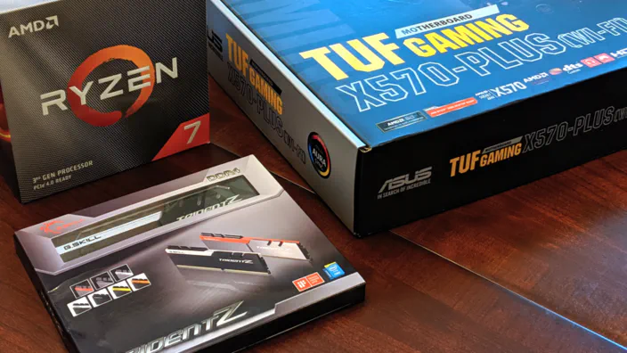 Ryzen 7 3700X, G.SKILL Trident Z RAM, ASUS TUF Gaming X570-Plus Wi-Fi boxes.